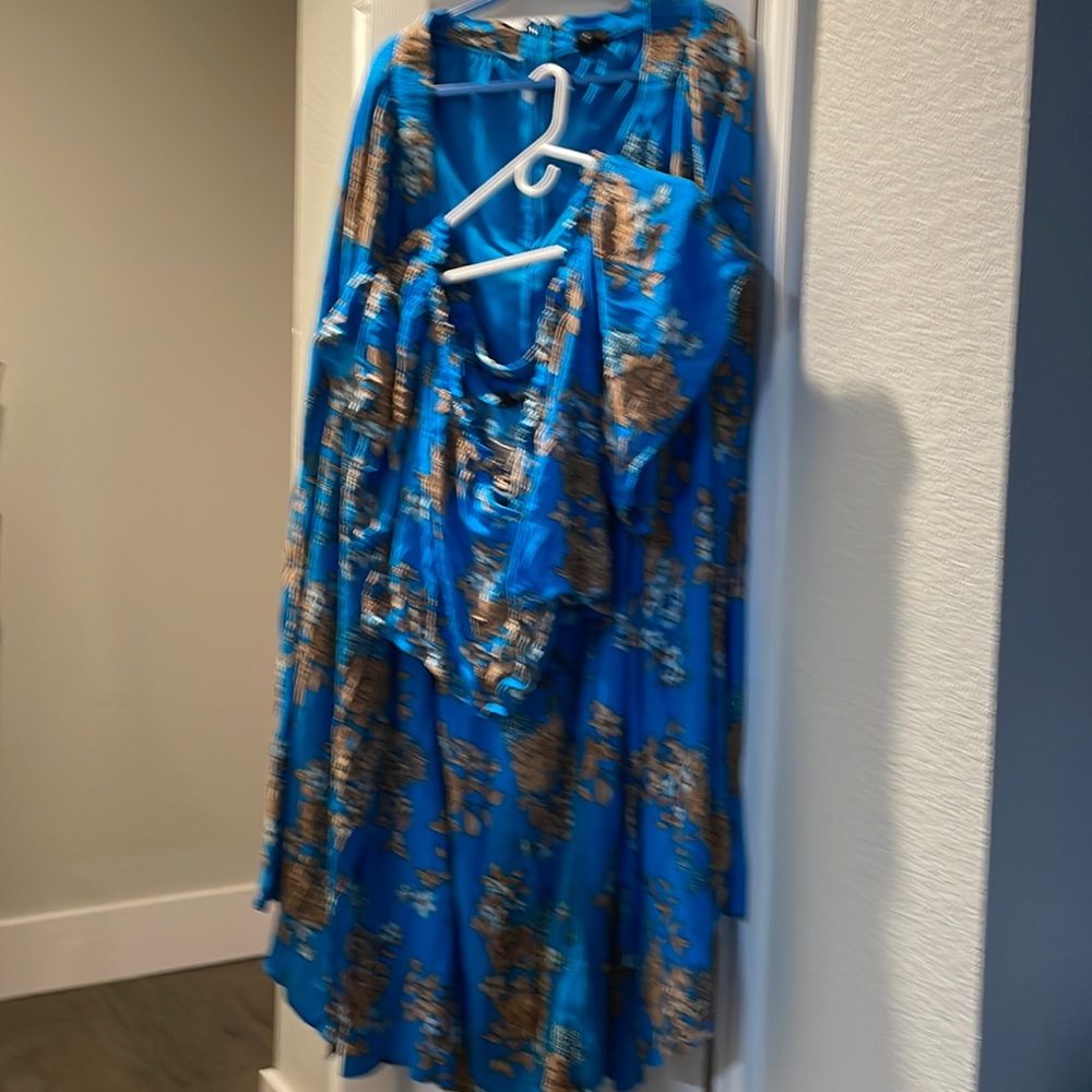 Blue Floral Gauze off shoulder maxi skirt set